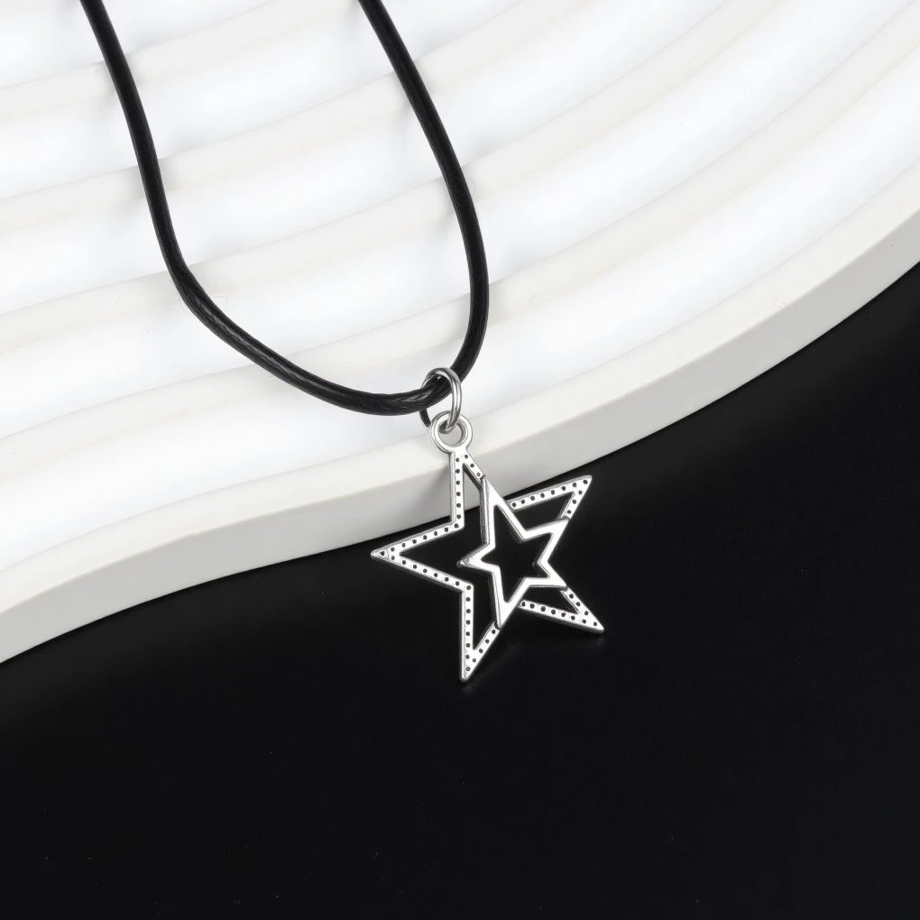 Silver Star Pendant Necklace on Black Cord - 12