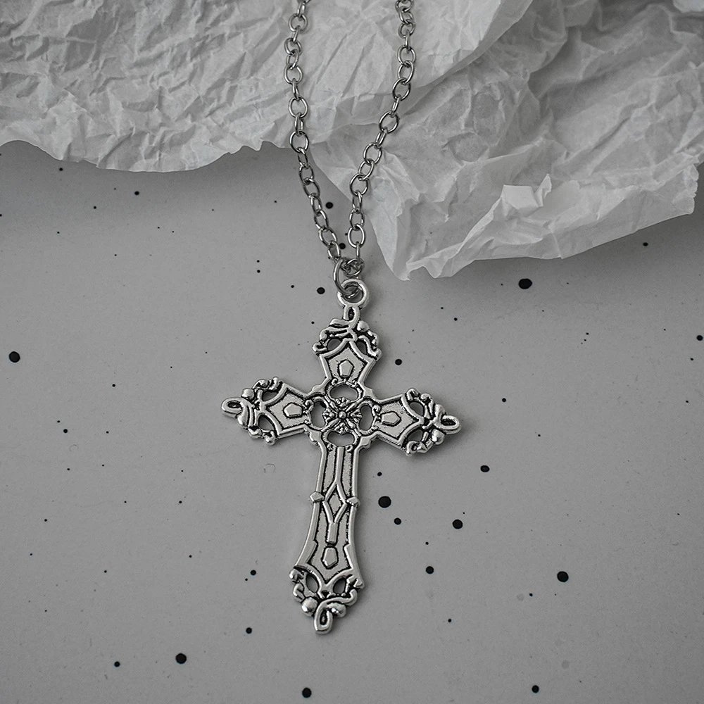 Gothic Cross Pendant Necklace with Black Heart and Silver Chain
