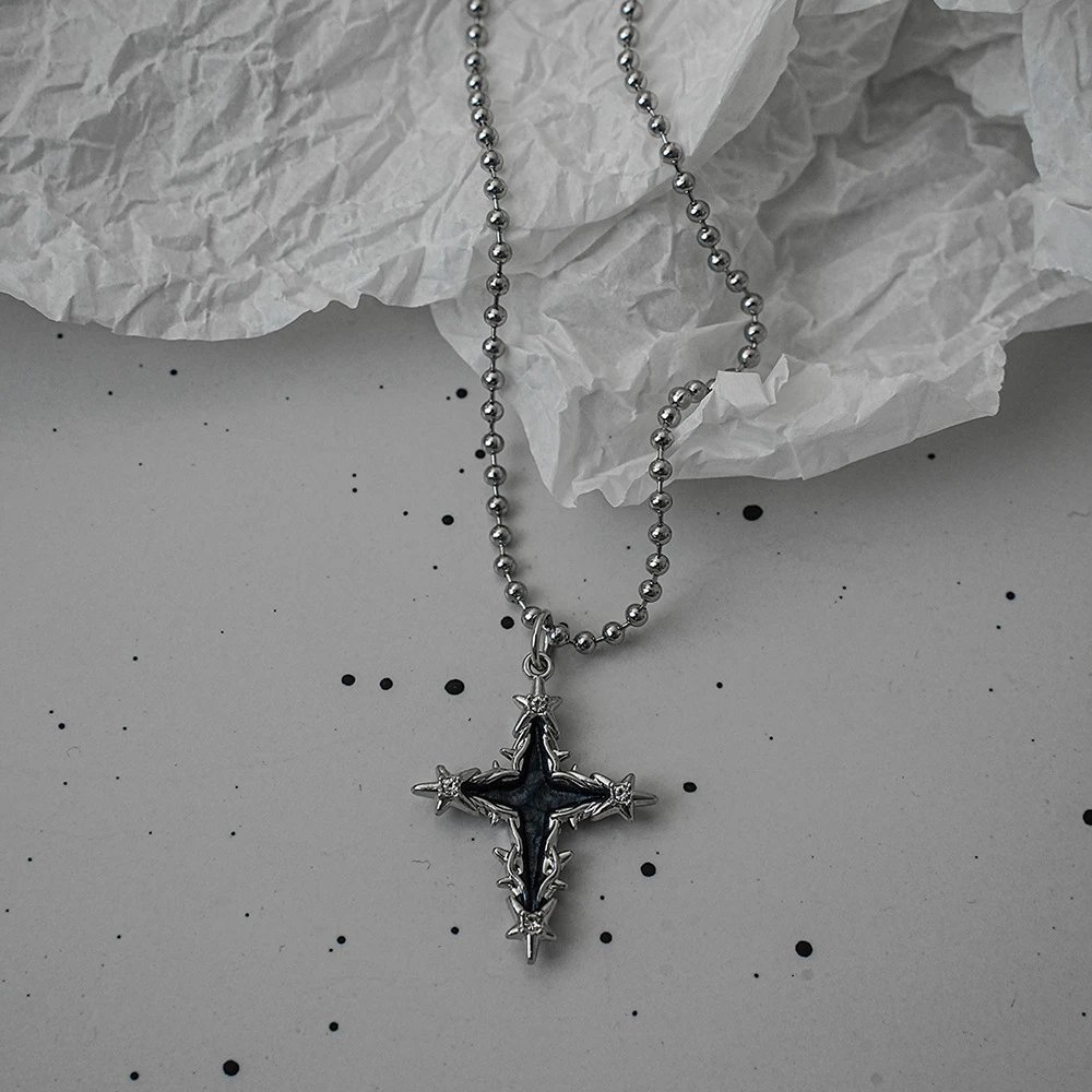 1 Black Thorned Cross Beaded Necklace