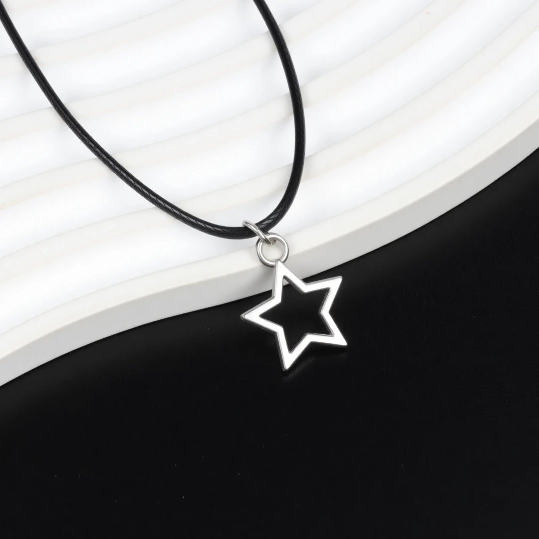 Silver Star Pendant Necklace on Black Cord - 9