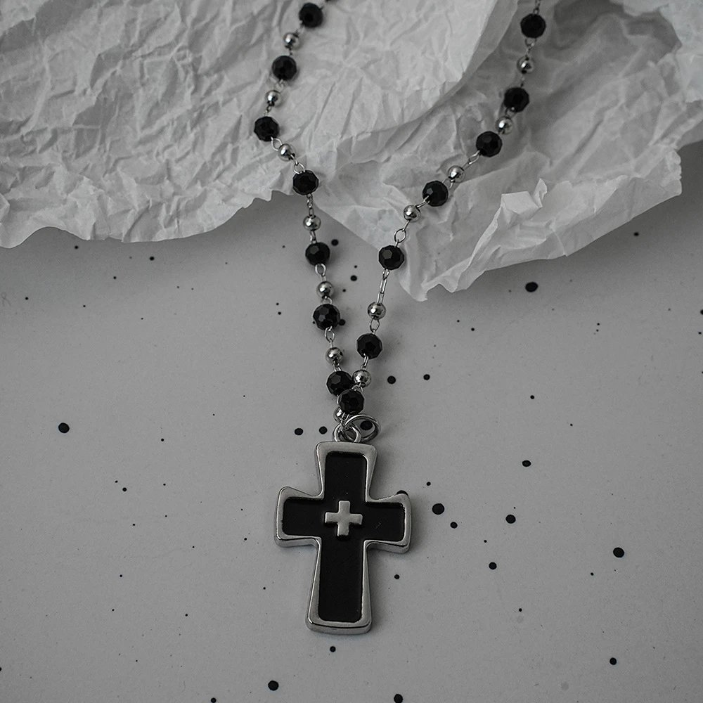1 Black Double Cross Beaded Necklace with Faceted Black Beads