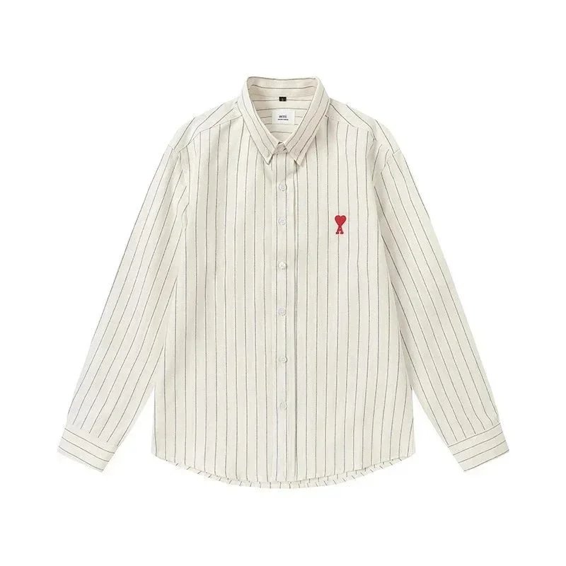 Ami Paris Striped Cotton Shirt with Red Heart Embroidery Blue - 8