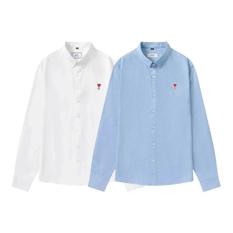 Ami Paris Striped Cotton Shirt with Red Heart Embroidery Blue - 9