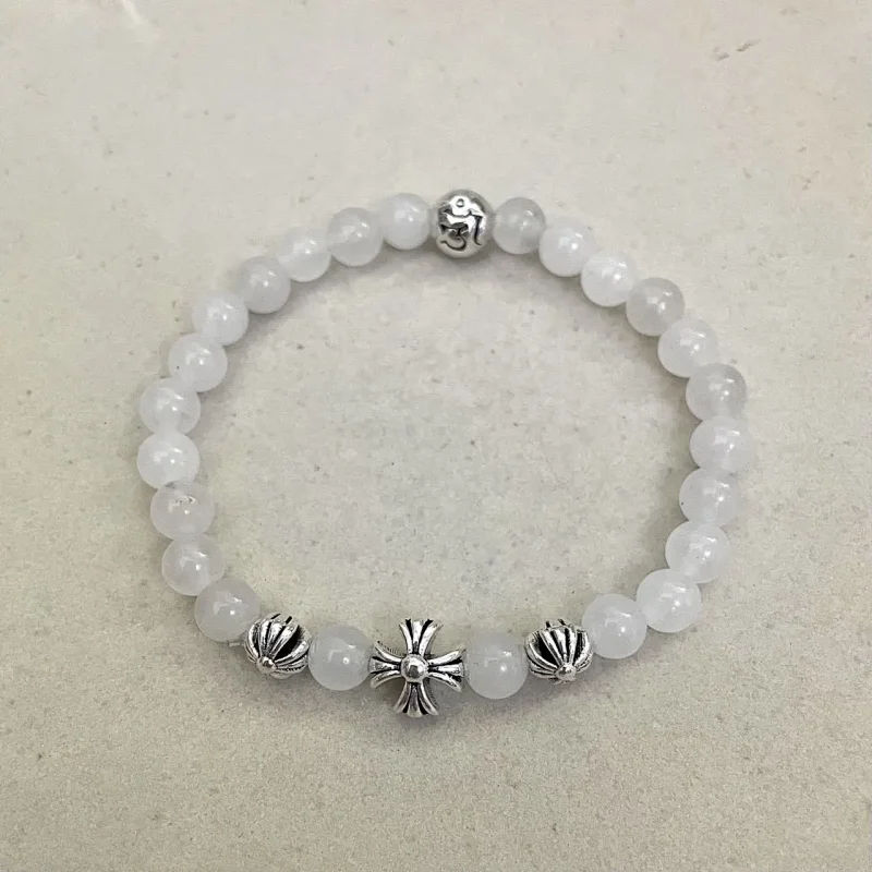 Chrome Hearts White Jade Bead Bracelet with Silver Cross and Lotus Charms