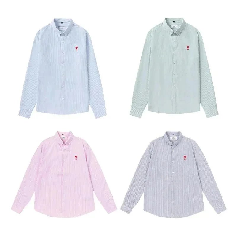 Ami Paris Striped Cotton Shirt with Red Heart Embroidery Blue - 10