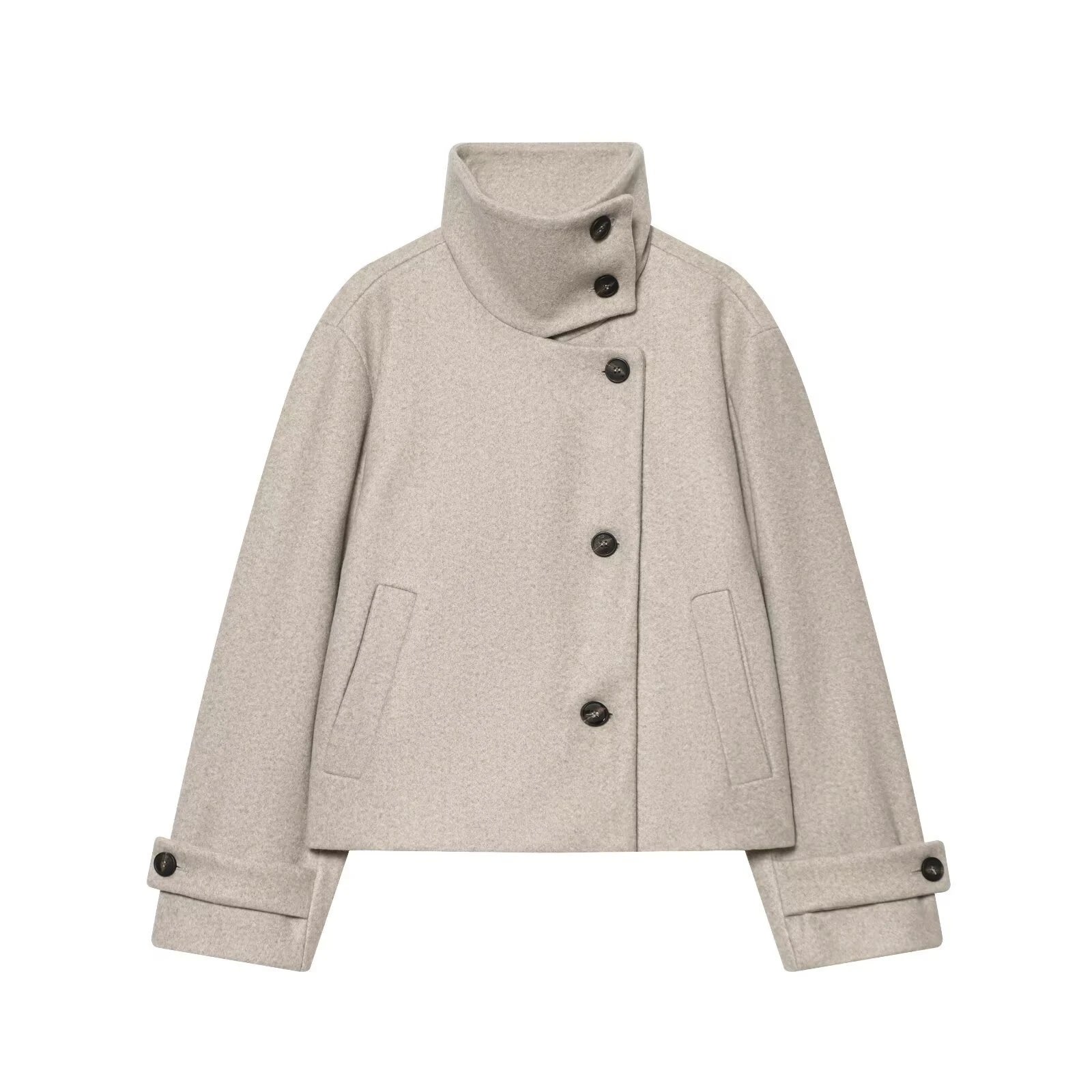Design Asymmetrical Collar Wool Blend Coat Beige Outerwear.coat