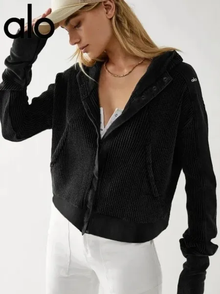 Alo Yoga Ribbed Hooded Cardigan Black Outerwear - 10
