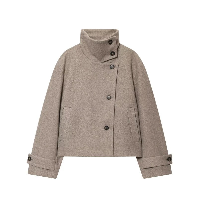 Design Asymmetrical Collar Wool Blend Coat Beige Outerwear.coat