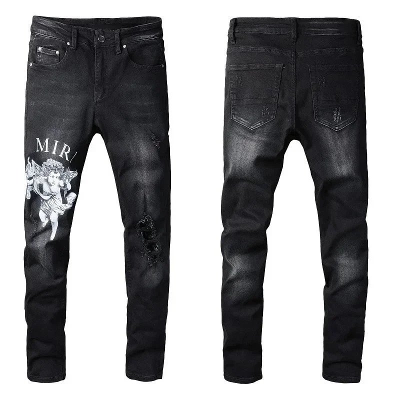 AMIRI Angel Print Distressed Black Jeans
