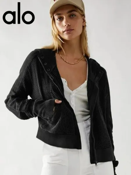 Alo Yoga Ribbed Hooded Cardigan Black Outerwear - 9