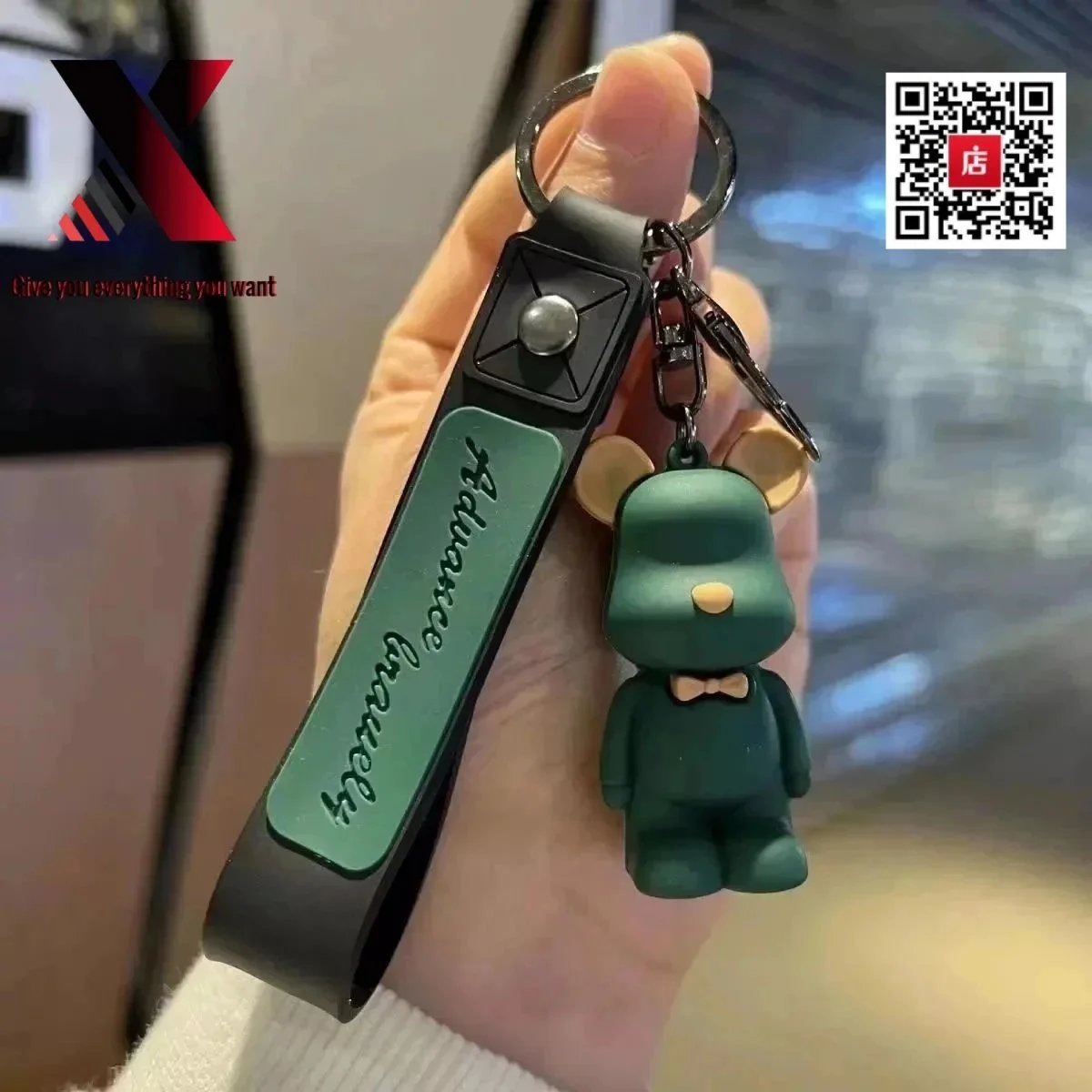 Design Bear Keychain with Green Strap and Bowtie Charm Accessories