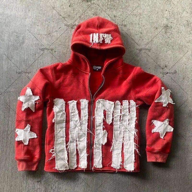 Wholesale Cross-Border Hoodie for Europe and America Patchwork Letter Star Pattern Long Sleeve Pullover Hooded Sweatshirt Loose Vintage