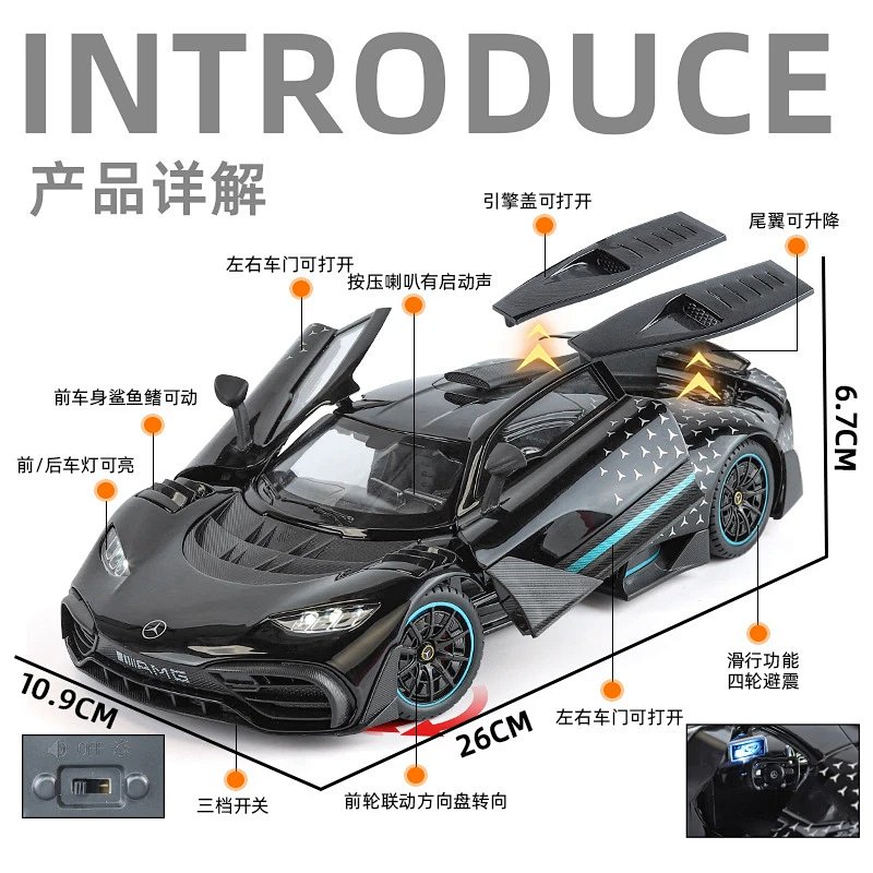 Jinlifang 1:18 Mercedes-AMG ONE Alloy Diecast Model Car Toy with Opening Doors, Lights, Sound, Suspension, Steering & Horn