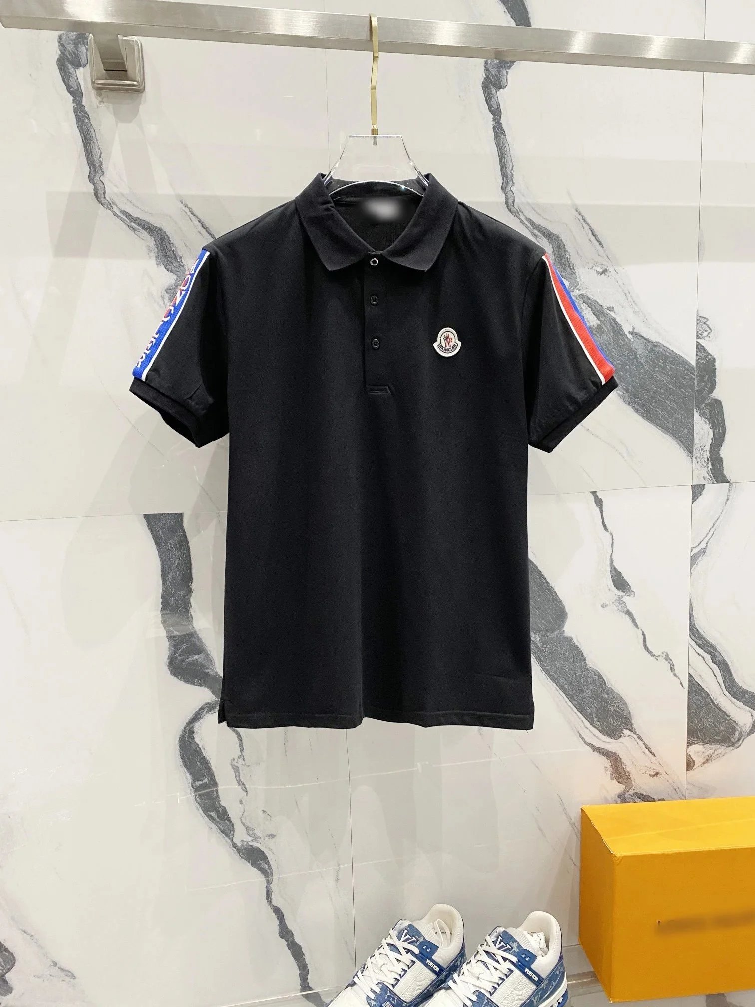 Moncler Polo Black with Multicolor Sleeve Stripes Polo Polo Shirt