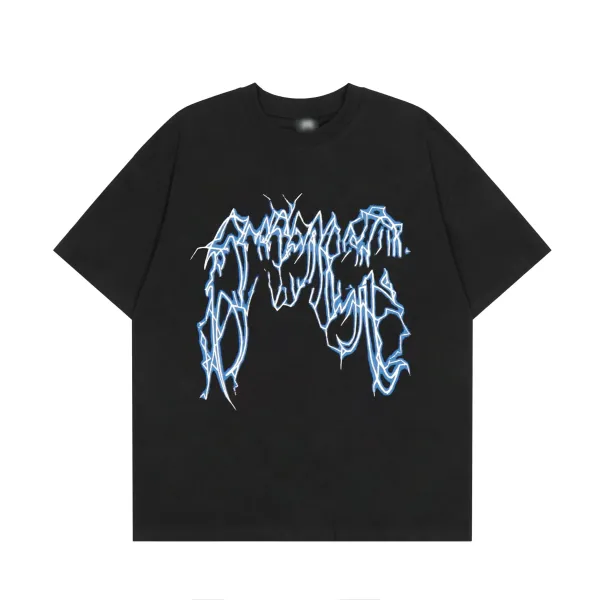 Design Distorted Typography Blue-White Graphic T-Shirt Black - 1
