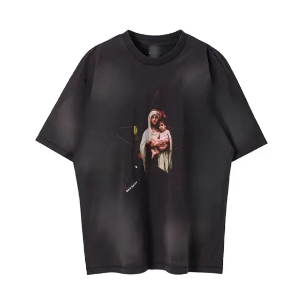 Design Madonna and Child Print Oversized Black T-Shirt - 1