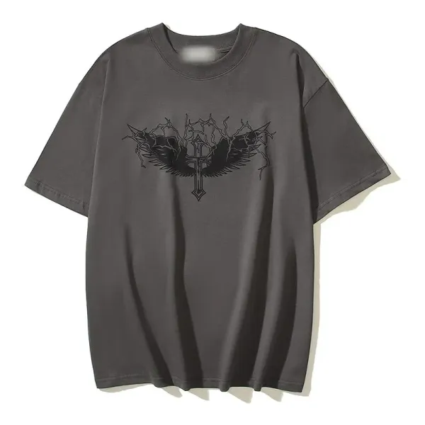 Design Winged Cross Graphic Oversized T-Shirt Charcoal Gray - 1