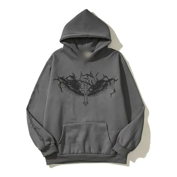 Design Winged Cross Graphic Hoodie Gray - 1