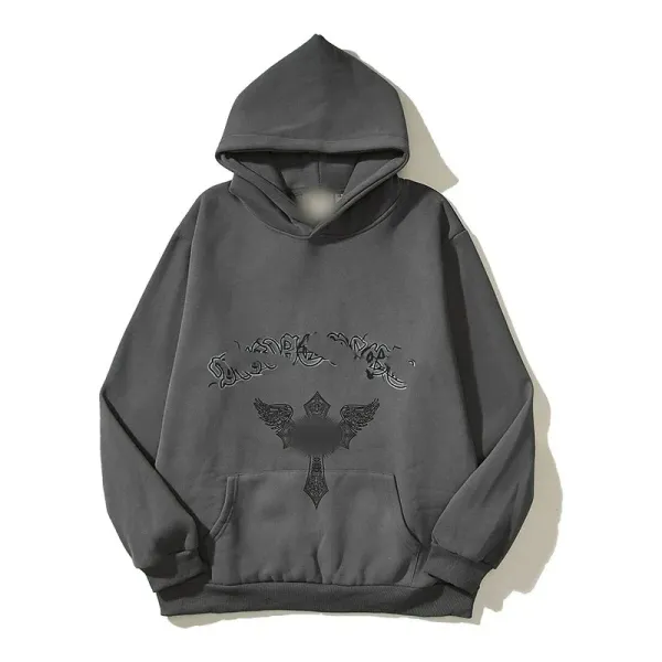 Design Winged Cross Graphic Hoodie Gray - 1
