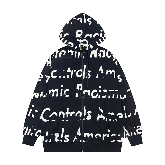 Unbranded Hoodies & Sweatshirts Full-Zip Hooded Sweatshirt with All-Over Typography Print product detail image 1