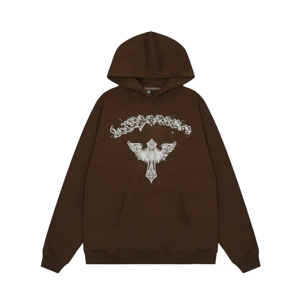 Design Winged Cross Graphic Brown Hoodie - 1