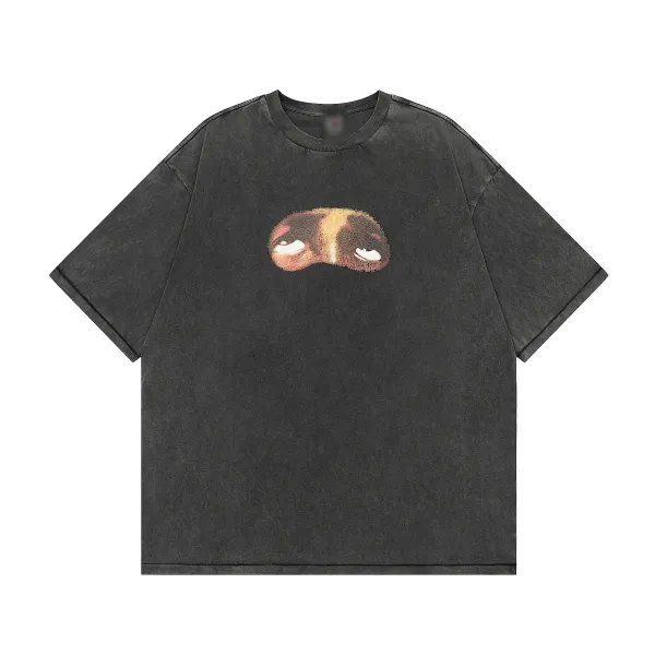 Design Eyes Print Washed Black T-Shirt - 1