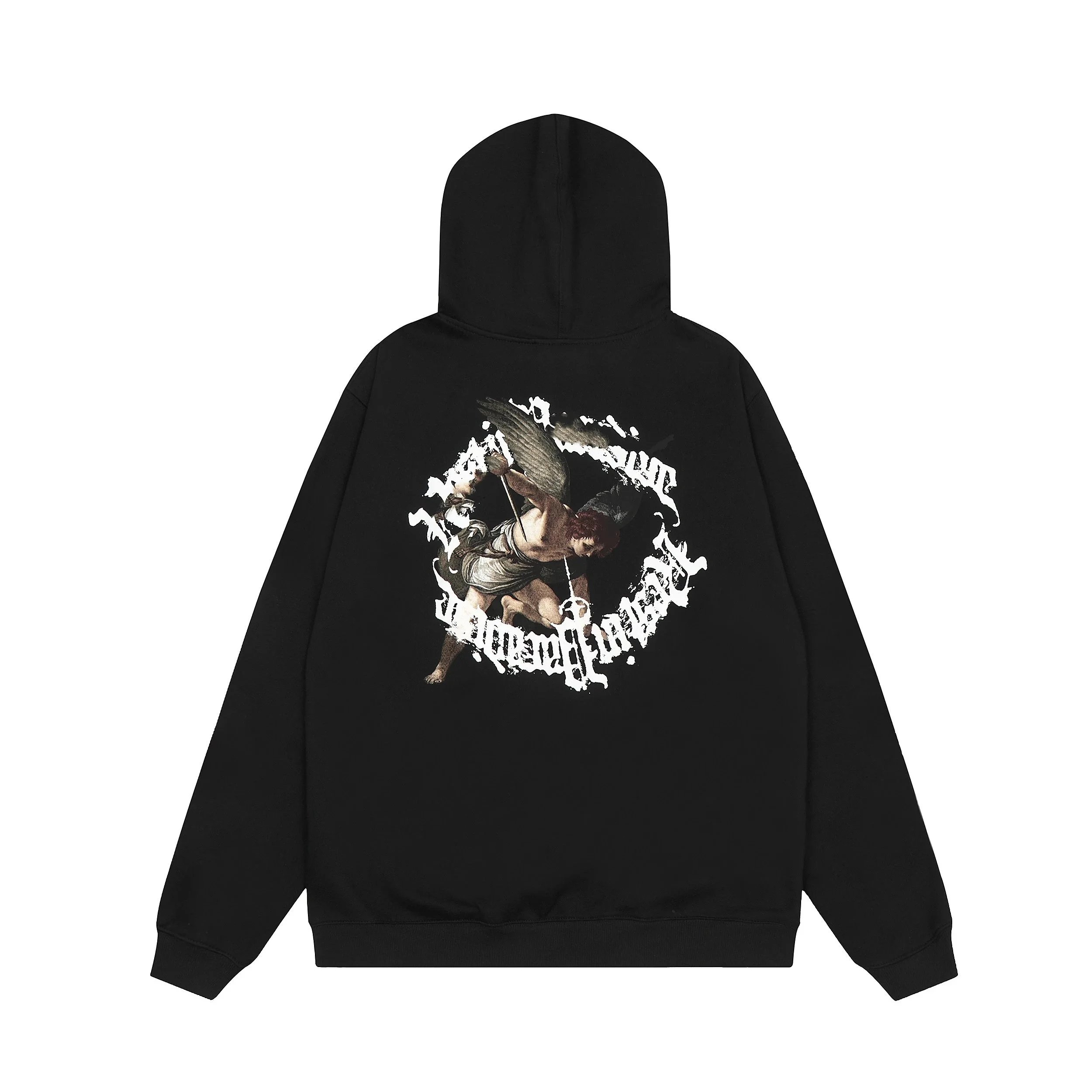 Design Angelic Figure Print Black Hoodie