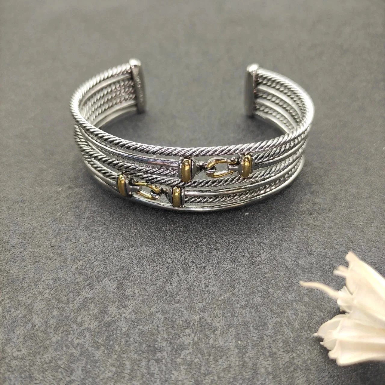 Design Cable Twist Bracelet with Gold Leaf Accent Silver Bracelet Jewelry - 5