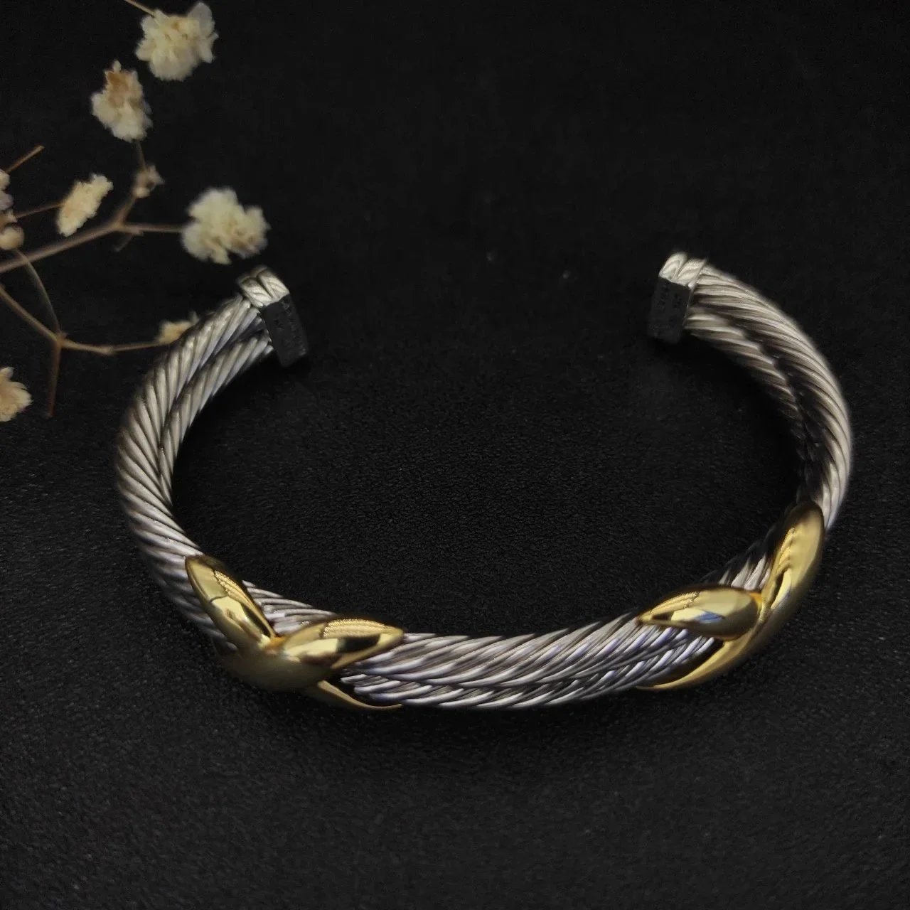 Design Cable Twist Bracelet with Gold Leaf Accent Silver Bracelet Jewelry - 9