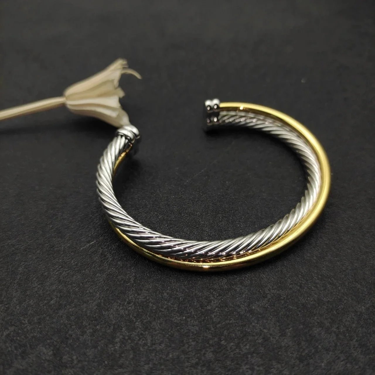 Design Cable Twist Bracelet with Gold Leaf Accent Silver Bracelet Jewelry - 7