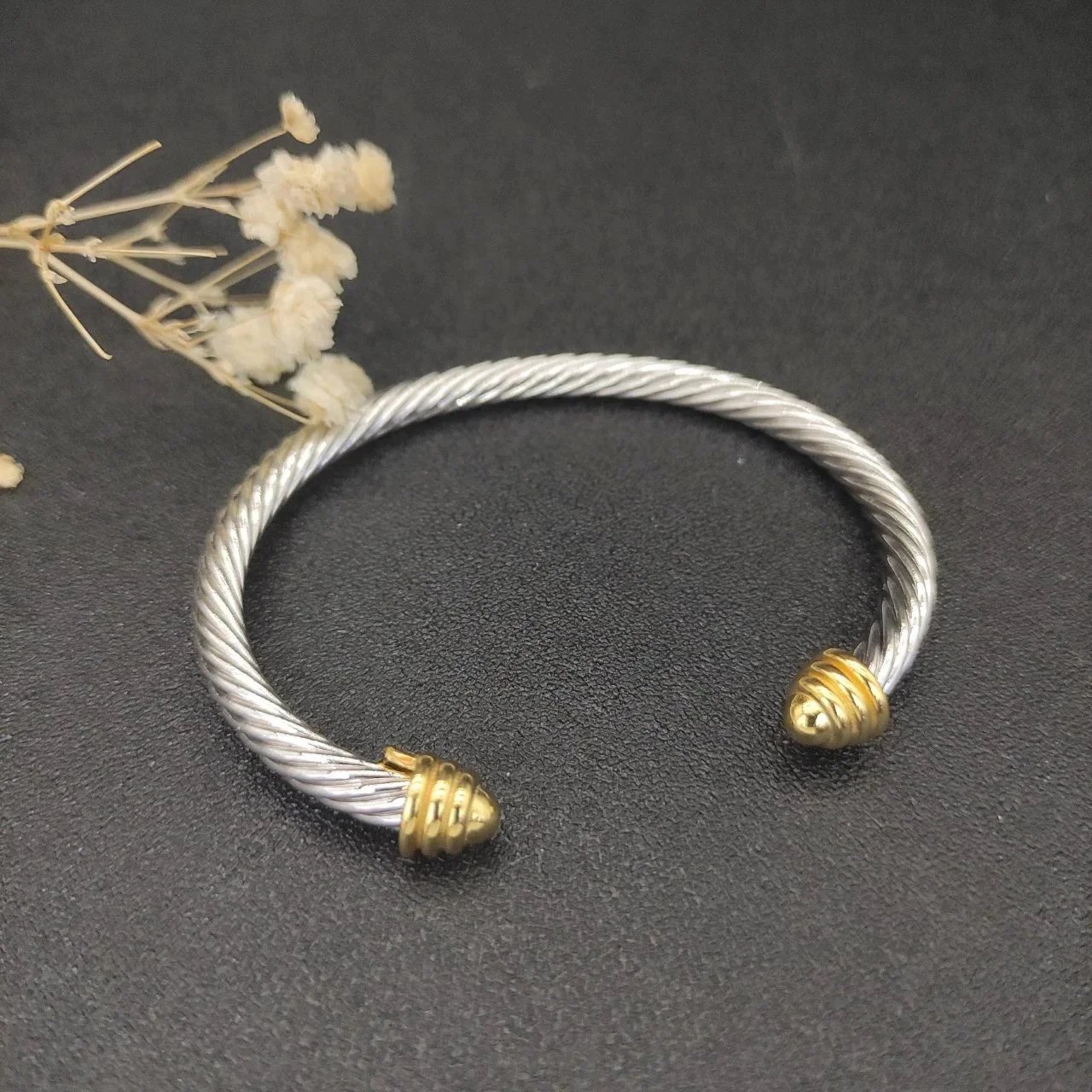 Design Cable Twist Bracelet with Pave Crystal Caps Gold Bracelet Jewelry - 5
