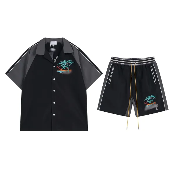 Design Tropical Palm Embroidery Short-Sleeve Shirt and Shorts Set Black - 1