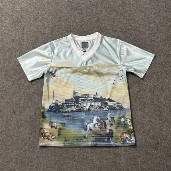 Design Island Scene Mesh Panel V-Neck T-Shirt Multicolor - 1