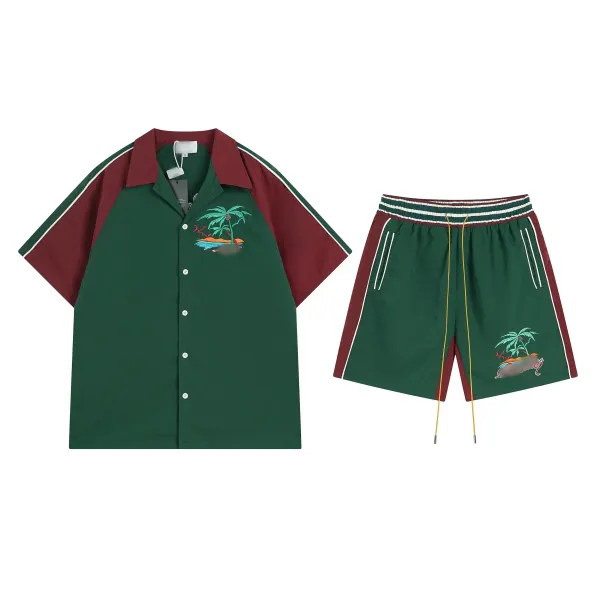Design Tropical Print Color-Block Shirt and Shorts Set Green Burgundy - 1
