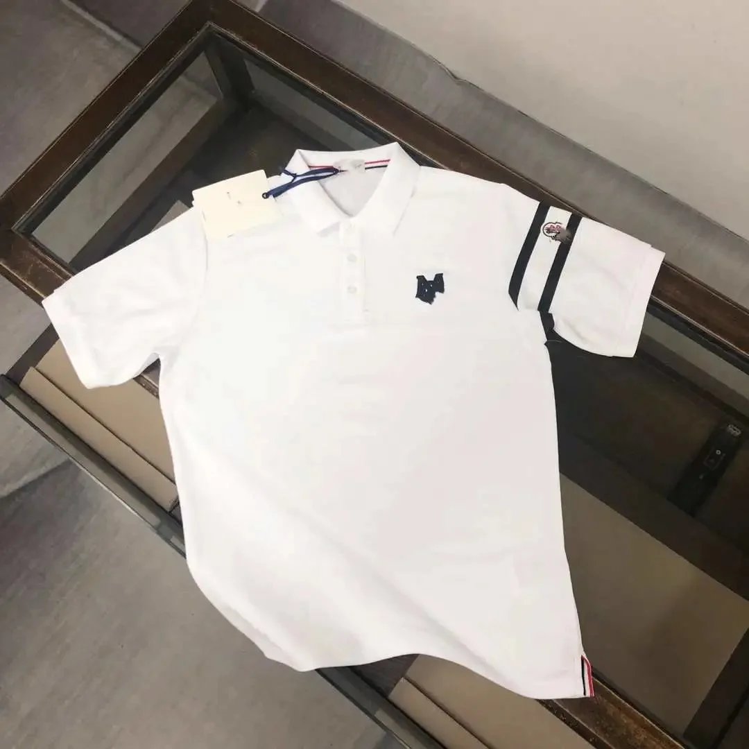 Thom Browne Classic Polo White with Navy Logo and Striped Sleeve Polo Shirt