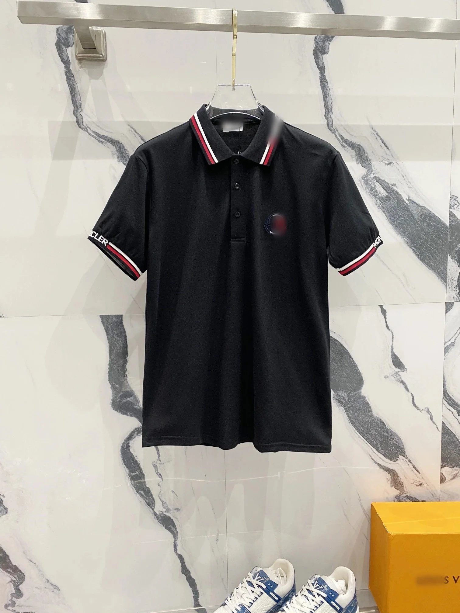 Moncler Polo Black with Red-White Trim and Logo Embroidery Polo Shirt