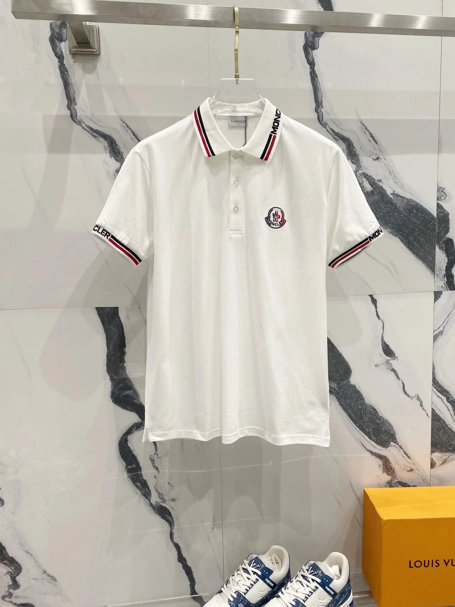 Moncler Logo Polo White with Red-Black Trim Polo Polo Shirt