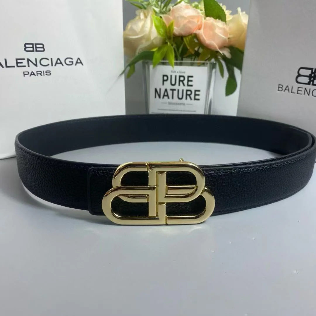 Balenciaga Double-B Gold-Buckle Grained Leather Belt