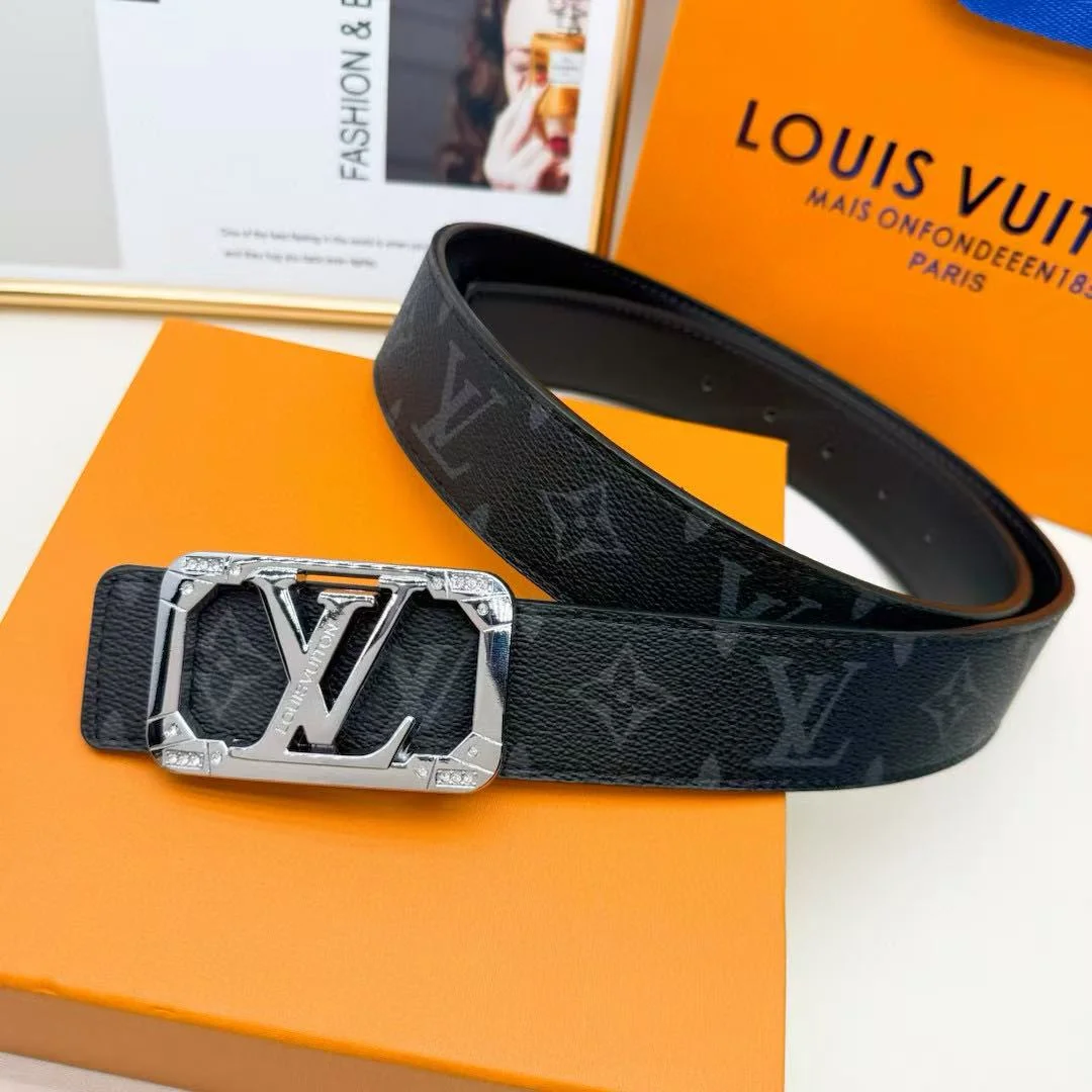 LV Louis Vuitton Black Monogram Leather Belt with Automatic Buckle