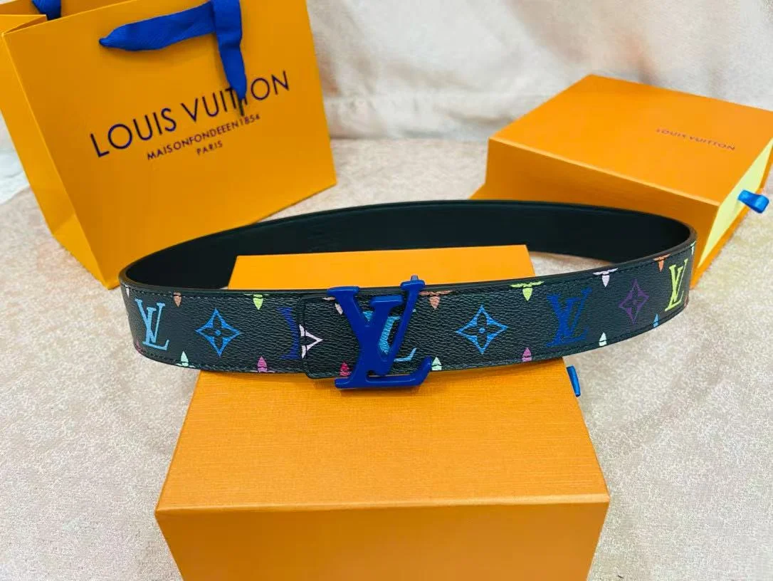 LV Louis Vuitton Black Monogram Leather Belt with Automatic Buckle