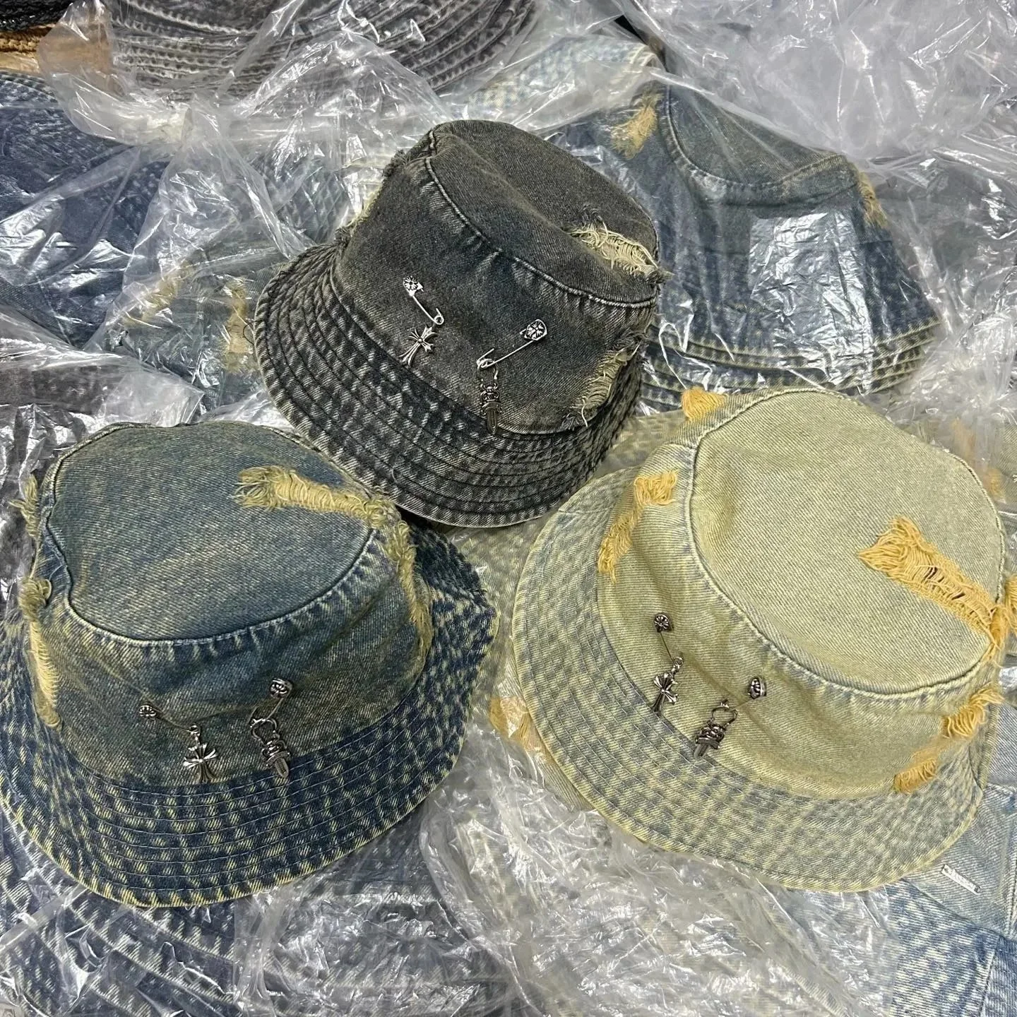 Chrome Hearts style washed denim distressed bucket hat