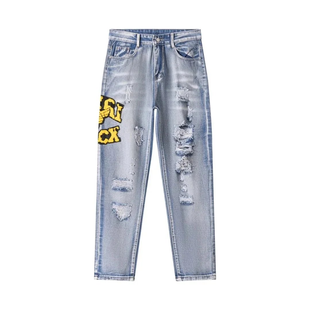 American High-Street Style Straight-Leg Jeans with Yellow Flocked Lettering and Heavy Distressing - rep spodnie