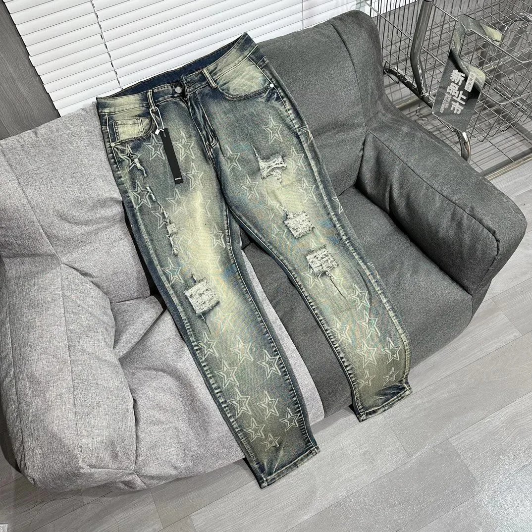 Retro Distressed Slim-Fit Jeans with All-Over Five-Star Print and Ripped Details - rep spodnie