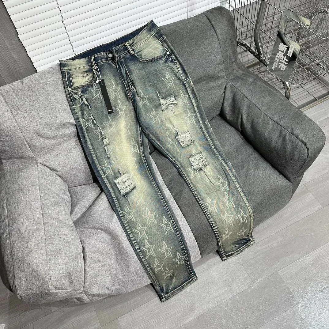 Retro Distressed Slim-Fit Jeans with All-Over Five-Star Print and Ripped Details