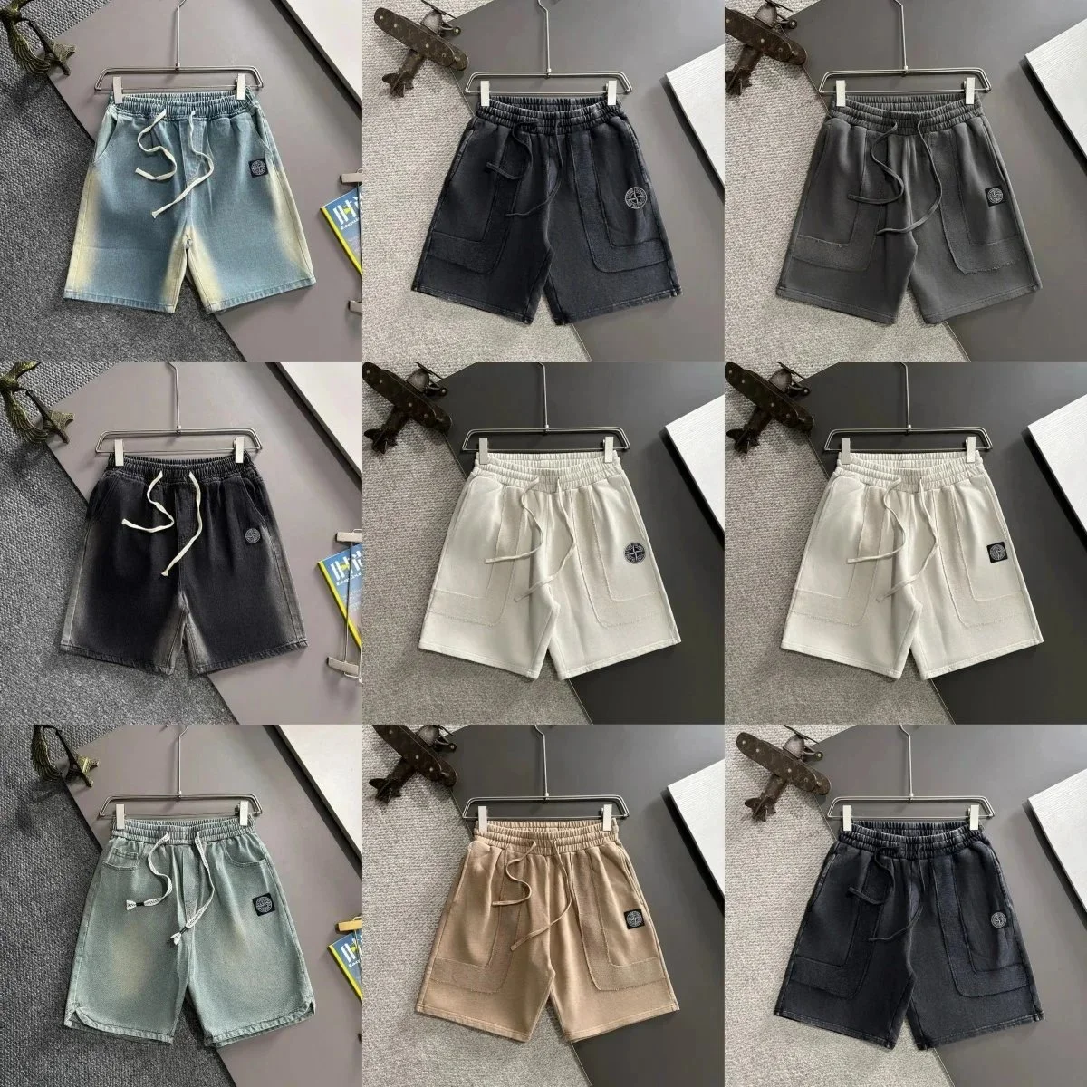 Stone Island-style washed and distressed cargo shorts, featuring a casual streetwear vibe.
