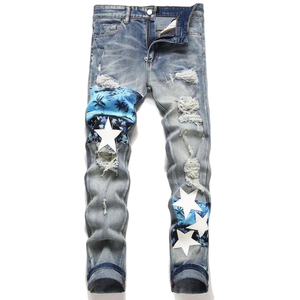 American High-Street Style Slim-Fit Distressed Jeans with Coconut Palm and Five-Star Appliqués - rep spodnie