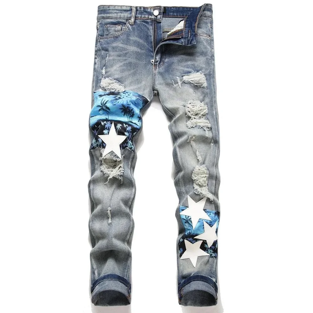 American High-Street Style Slim-Fit Distressed Jeans with Coconut Palm and Five-Star Appliqués