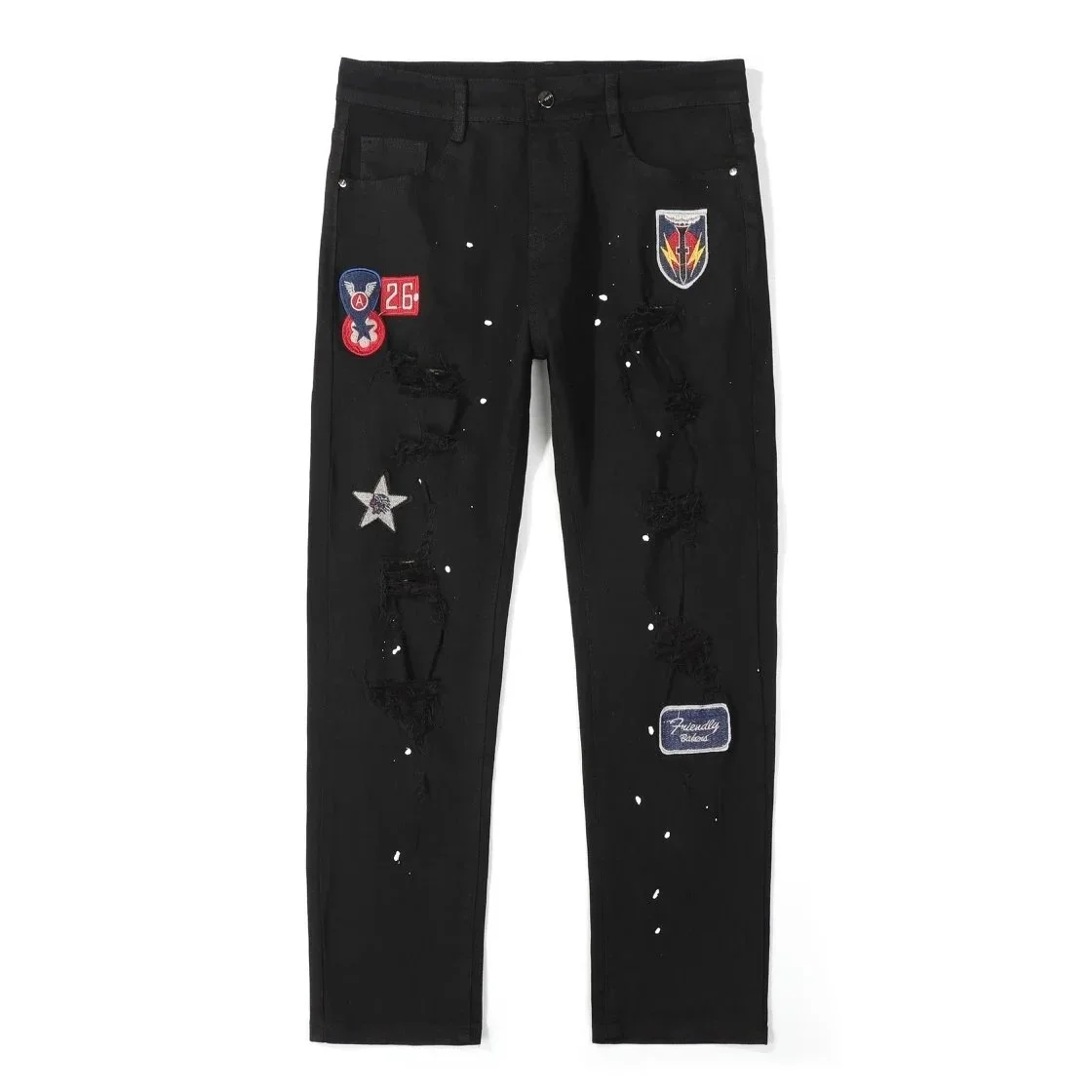 Friendly Bodega — Men's Black Straight-Leg Jeans with American-Style Patches, Paint Splatters, and Distressing
