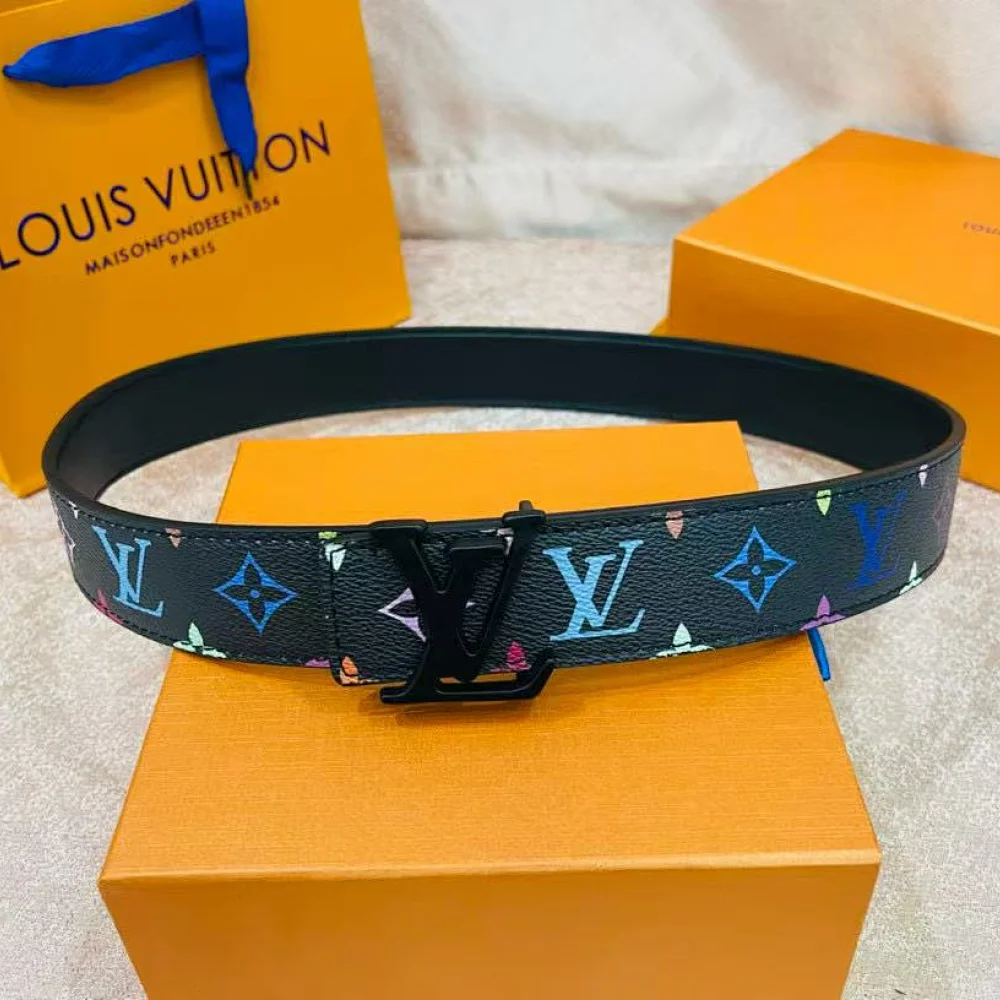 LV Louis Vuitton Black Monogram Leather Belt with Automatic Buckle