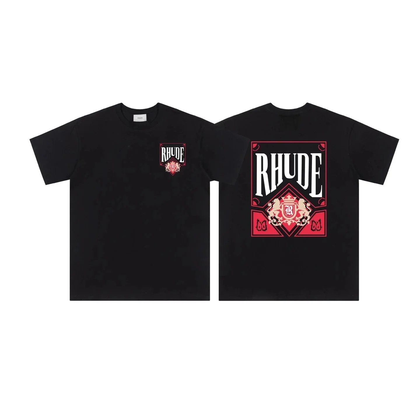 Rhude, a streetwear brand, features its classic print line, emphasizing American retro and racing aesthetics.